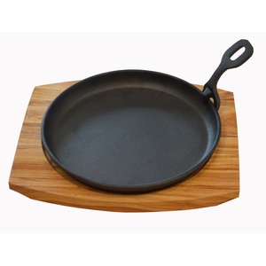 Grillpan gietijzer Ø20.5cm met onderzetter hout