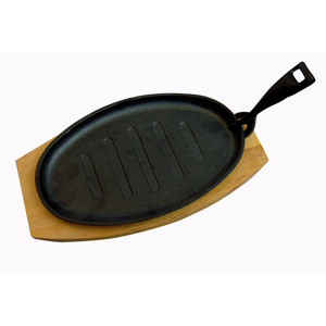 Grillpan ovaal gietijzer 26.7x16.5cm met onderzetter hout