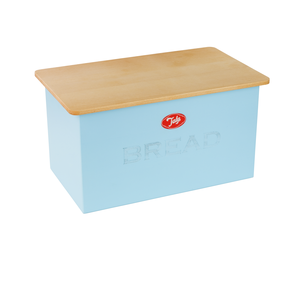 Boîte à pain bleu avec couvercle /planche à couper en bois