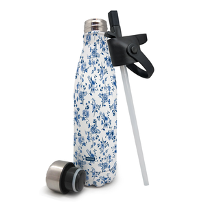 Gourde 1 couvercle inox + 1 couvercle avec paille feuille bleu (chaud et froid)