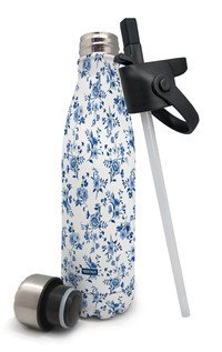 Gourde 1 couvercle inox + 1 couvercle avec paille feuille bleu (chaud et froid)-
