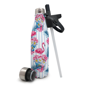 Gourde 1 couvercle inox + 1 couvercle avec paille flamant rose (chaud et froid)