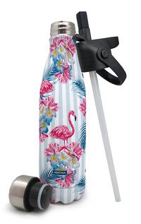 Drinkfles 1 inox deksel + 1 deksel met rietje flamingo (warm en koud) - Laatste