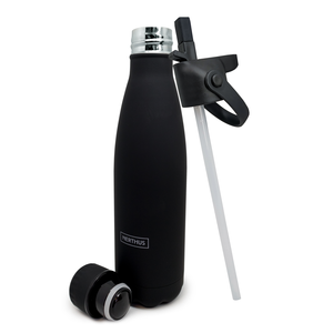 Gourde 1 couvercle inox + 1 couvercle avec paille noir (chaud et froid)