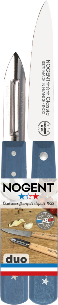 Eplucheur 2 tranchants (1235b) + Office 9cm lisse bleu paon (2045b)