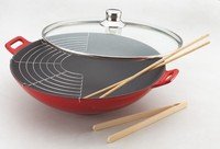 Wok gietijzer 36cm rood m/glasdeksel
