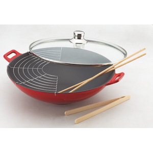 Wok gietijzer 36cm rood m/glasdeksel