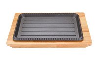 Grillpan gietijzer 27x18cm met onderzetter hout