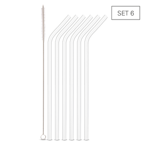 Rietjes transparant borosilicaatglas gebogen 24cm 6st + borsteltje