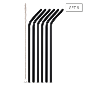Rietjes zwart glas gebogen 24cm 6st + borsteltje