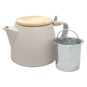 Theekan porselein grijs met stalen filter en bambou deksel 500ml