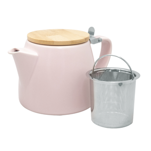 Theekan porselein roze met stalen filter en bambou deksel 500ml