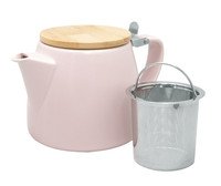 Theekan porselein roze met stalen filter en bambou deksel 500ml